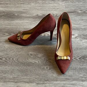 MICHAEL Michael Kors Wine Suede Pointed-Toe Pumps with Gold Bow